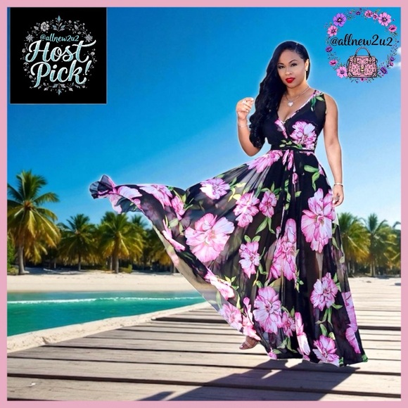 Dresses & Skirts - Women’s V-Neck Sleeveless Maxi Dress Blue Pink Floral